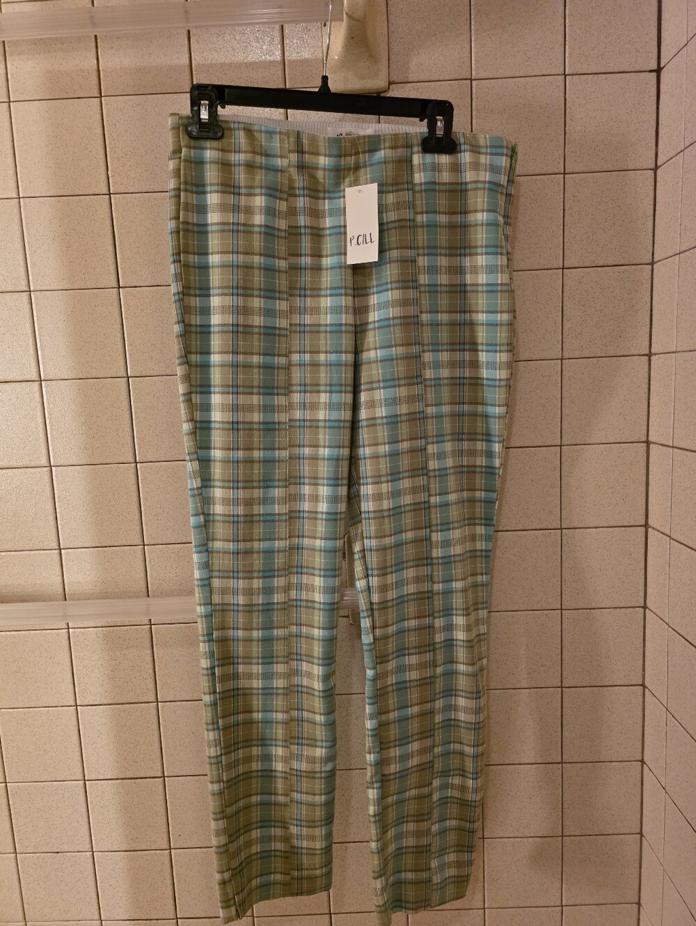 P.CILL Boutique NWT Plaid Straight-Leg Pants in Light Blue and Tan